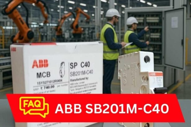 ABB SB201M-C40 MCB FAQ thumbnail with product image, box, and engineers in background – Shansen Enterprises
