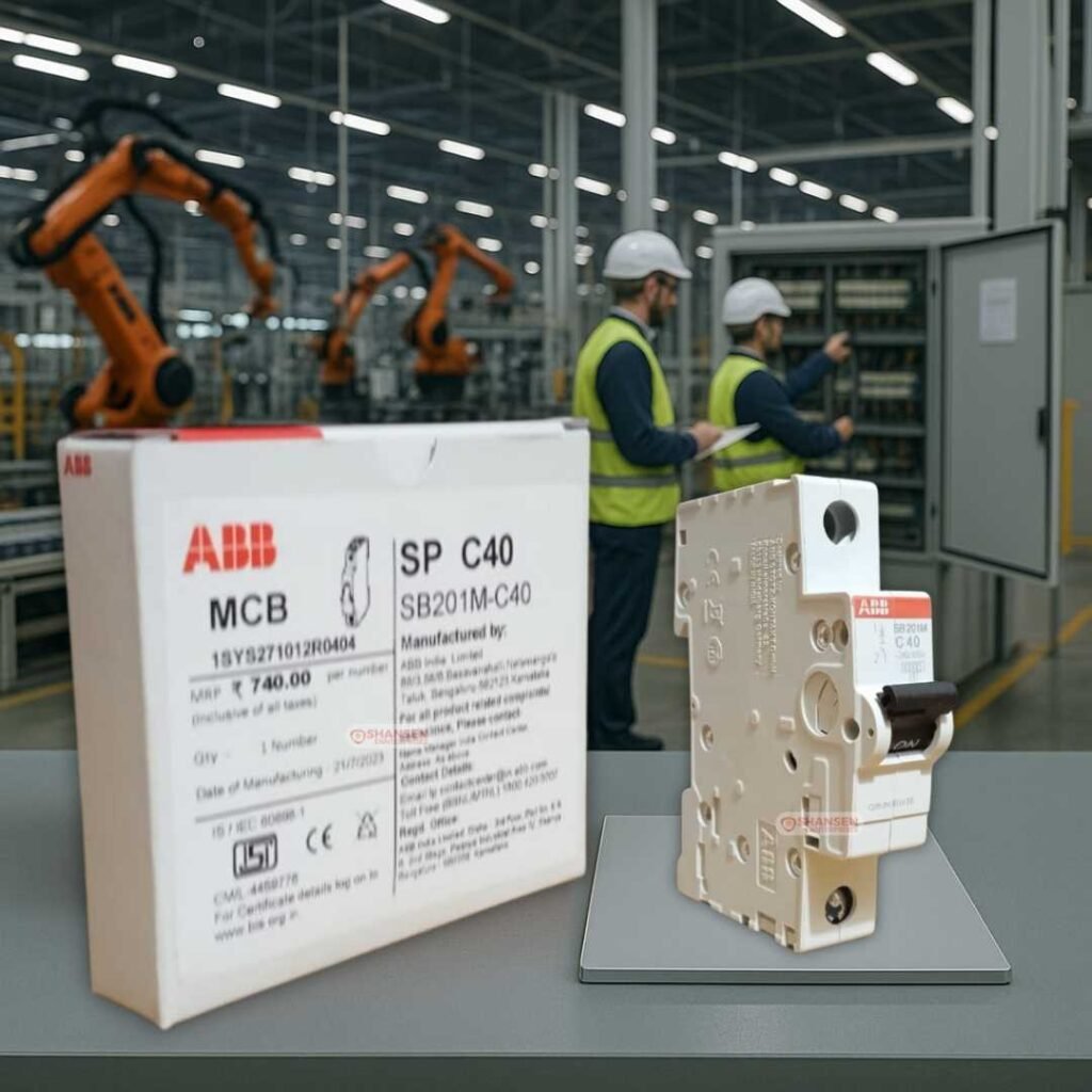 ABB SB201M-C40 MCB and box on table in automated factory with engineers and robots – Shansen Enterprises