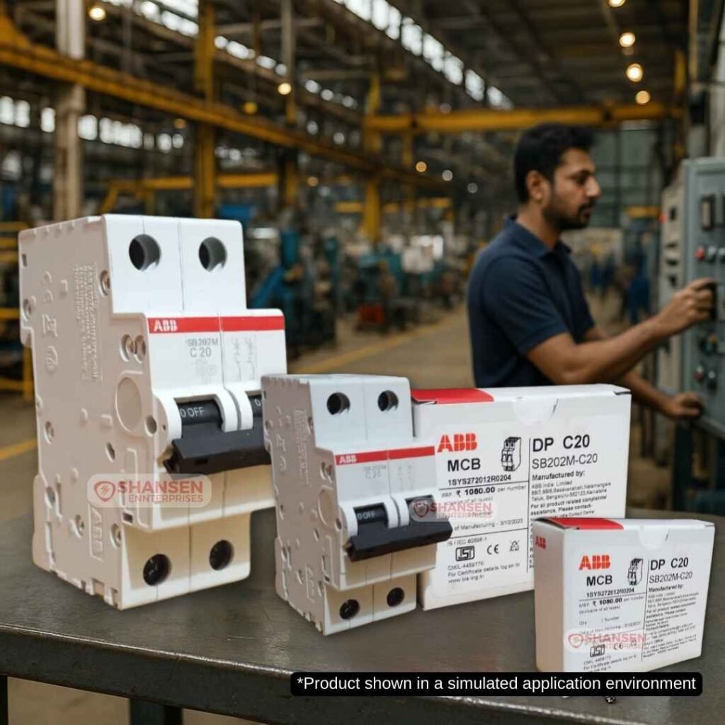 ABB SB202M‑C20 miniature circuit breakers displayed on a steel worktable in an industrial factory background with an engineer operating a control panel