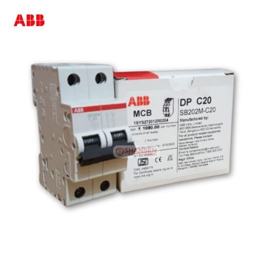 Front view of ABB SB202M‑C20 2P 20 A C‑Curve Miniature Circuit Breaker with packaging
