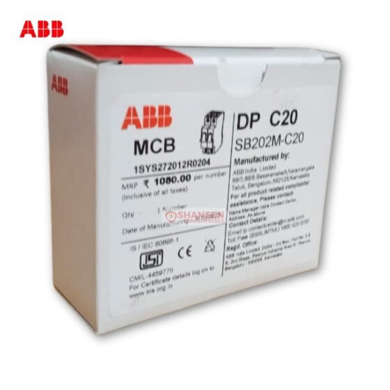 Close‑up of ABB SB202M‑C20 MCB packaging label showing model and specifications