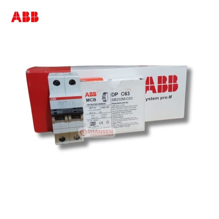 ABB SB202M‑C63 miniature circuit breaker alongside its System pro M packaging by Shansen Enterprises