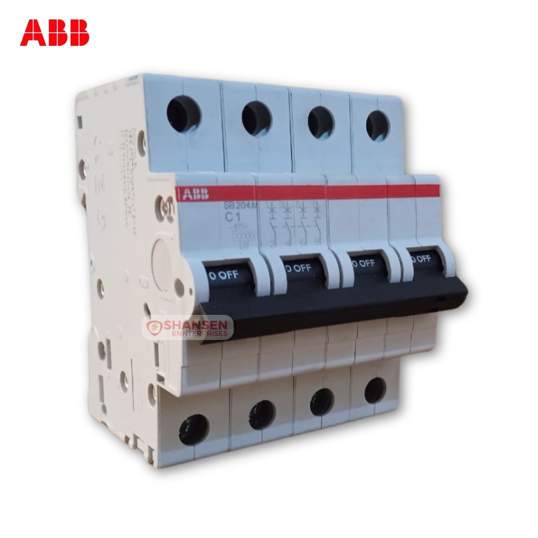 ABB SB204M-C1 four-pole 1 A miniature circuit breaker mounted on DIN rail, branded by Shansen Enterprises – Authorized ABB Channel Partner