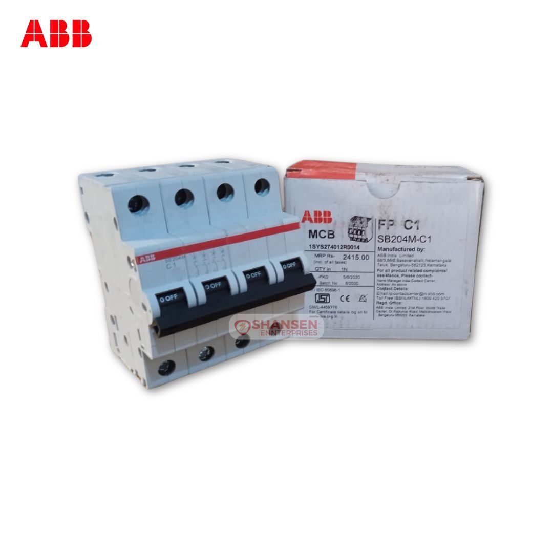 ABB SB204M-C1 4P miniature circuit breaker next to its original packaging box, branded by Shansen Enterprises – Authorized ABB Channel Partner