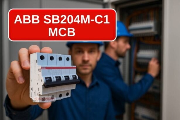 Two electrical engineers in blue safety helmets inspect an industrial control panel while one holds the ABB SB204M-C1 four-pole miniature circuit breaker toward the camera