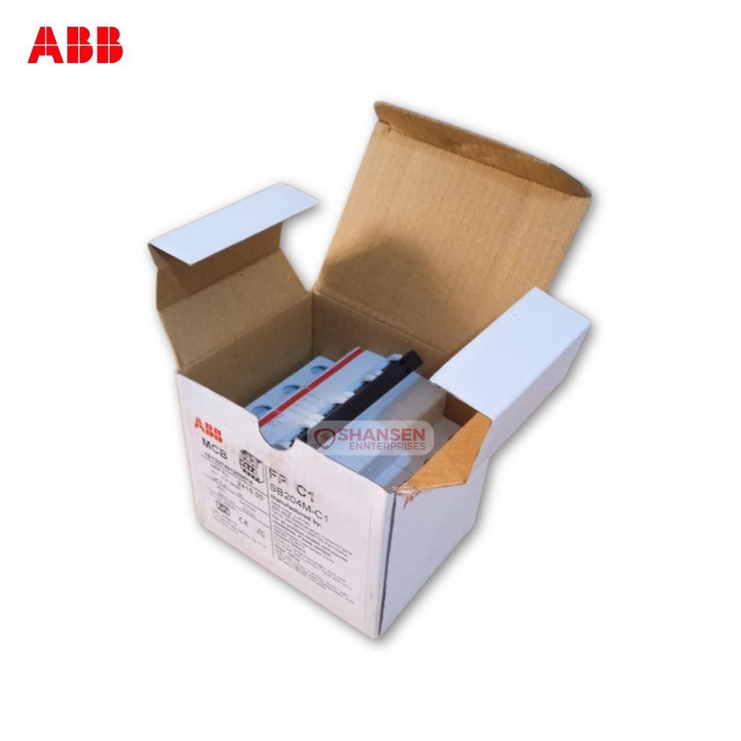 ABB SB204M-C1 four-pole 1 A miniature circuit breaker nestled inside its open cardboard box, branded by Shansen Enterprises – Authorized ABB Channel Partner