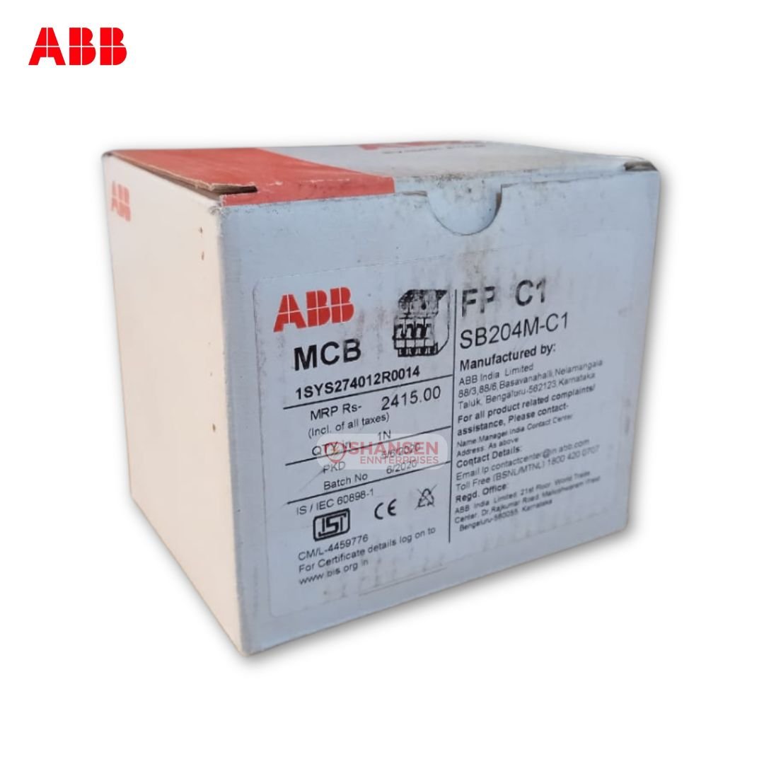Packaging box of ABB SB204M-C1 four-pole miniature circuit breaker, labeled and branded by Shansen Enterprises – Authorized ABB Channel Partner