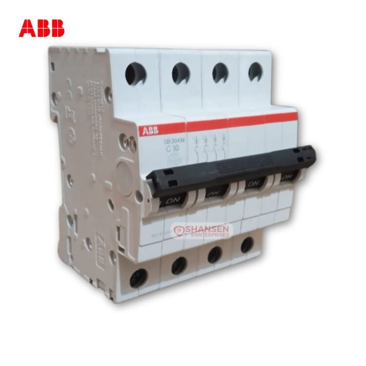 Front view of ABB SB204M-C10 4-pole miniature circuit breaker with red stripe and Shansen Enterprises watermark