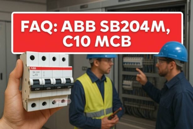 Hand holding an ABB SB204M-C10 4-pole miniature circuit breaker with two engineers in safety gear inspecting an electrical control panel in the background
