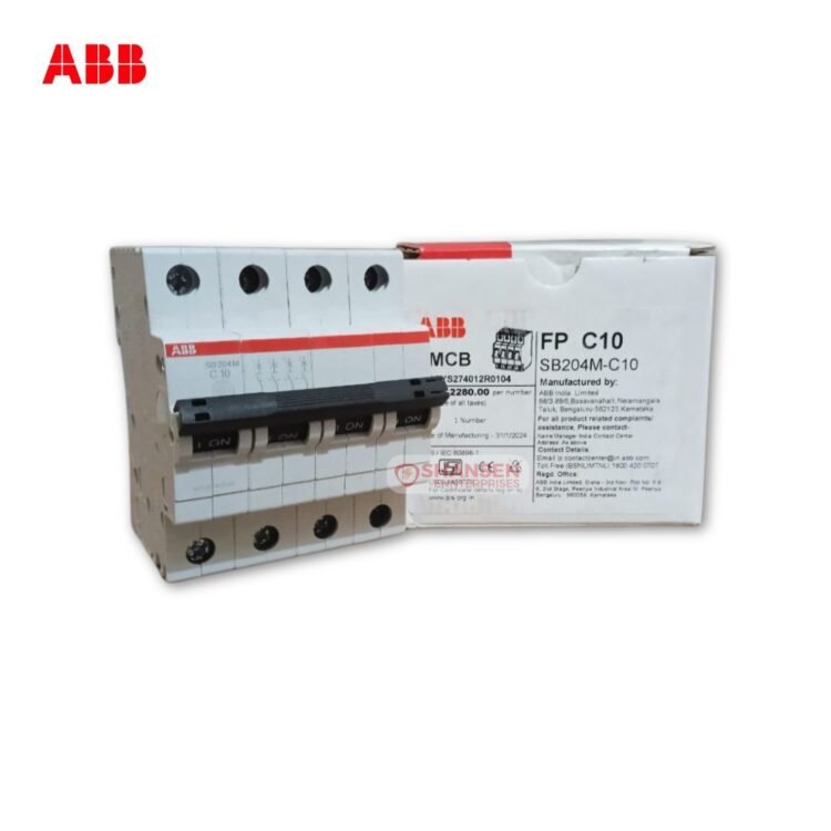 ABB SB204M-C10 4P miniature circuit breaker next to its branded packaging box, featuring Shansen Enterprises watermark