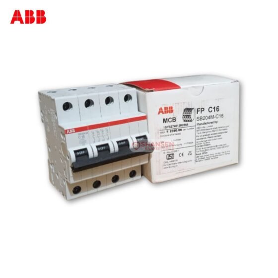 ABB SB204M-C16 4 Pole 16A MCB with labeled box packaging, supplied by Shansen Enterprises – Authorized ABB Channel Partner