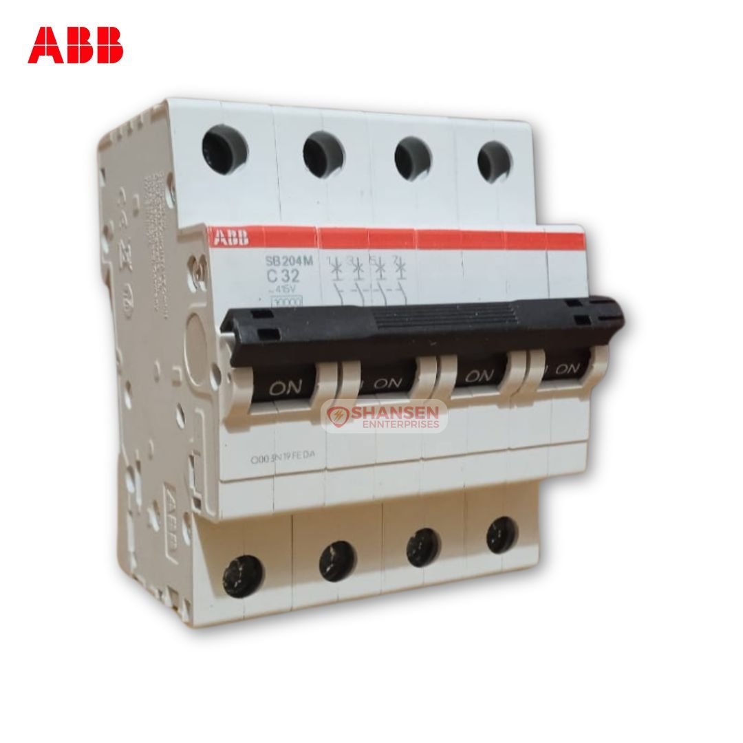 ABB SB204M-C32 4-pole miniature circuit breaker displayed with Shansen Enterprises branding
