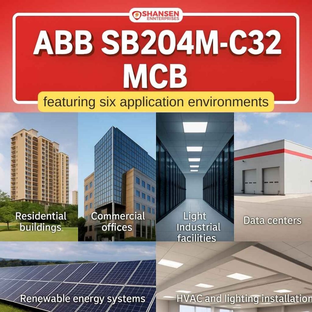 Collage showing ABB SB204M-C32 MCB applications: residential buildings, commercial offices, light industrial facilities, data centers, renewable energy systems, HVAC and lighting installations