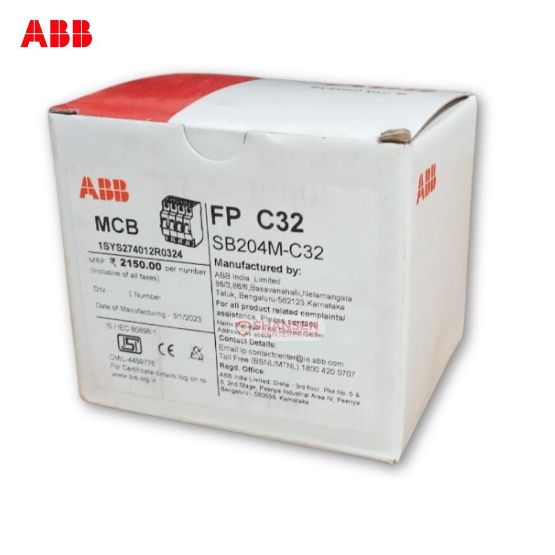 Front view of ABB SB204M-C32 4P C-Type miniature circuit breaker box with Shansen Enterprises watermark