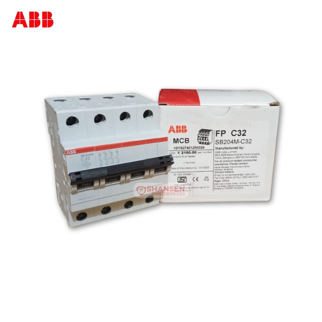 ABB SB204M-C32 4-pole miniature circuit breaker alongside its ABB-branded packaging, Shansen Enterprises watermark visible