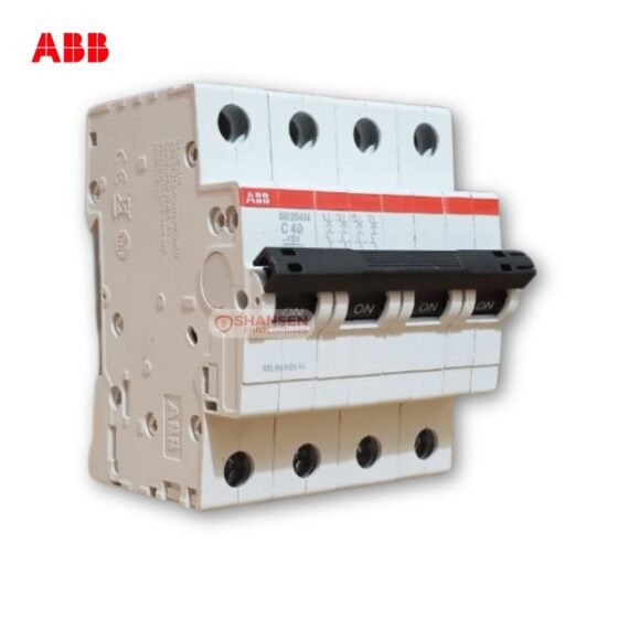 Front view of an ABB SB204M‑C40 4‑pole C‑curve 40 A miniature circuit breaker on a white background