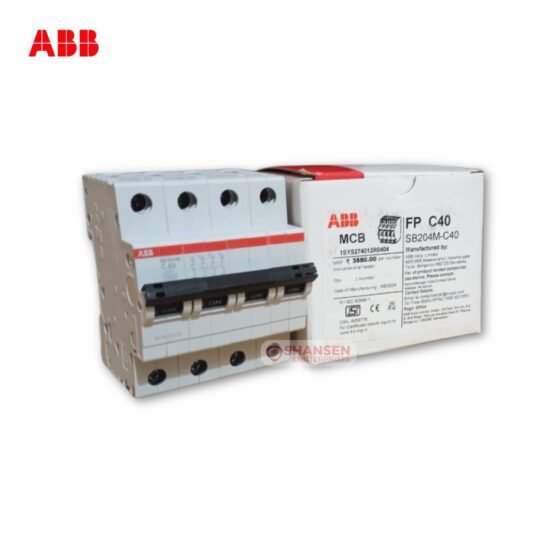 ABB SB204M‑C40 4‑pole C‑curve 40 A miniature circuit breaker next to its branded box, with Shansen Enterprises watermark visible