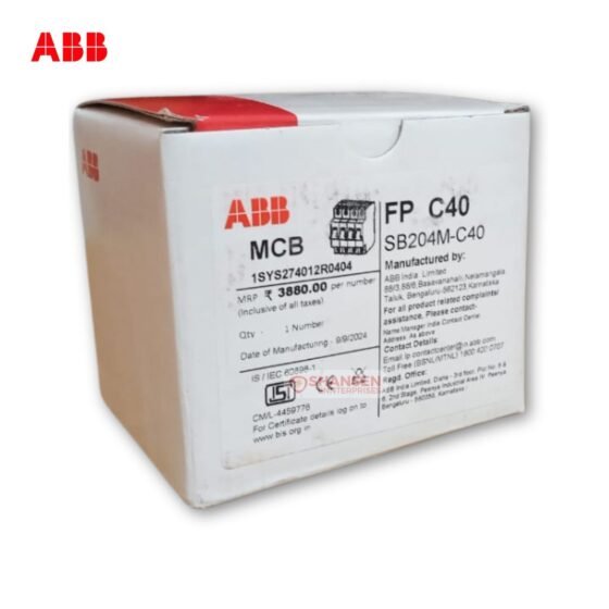White cardboard packaging box labeled “ABB MCB FP C40 SB204M‑C40” with manufacturing details and logos, overlaid with the Shansen Enterprises watermark