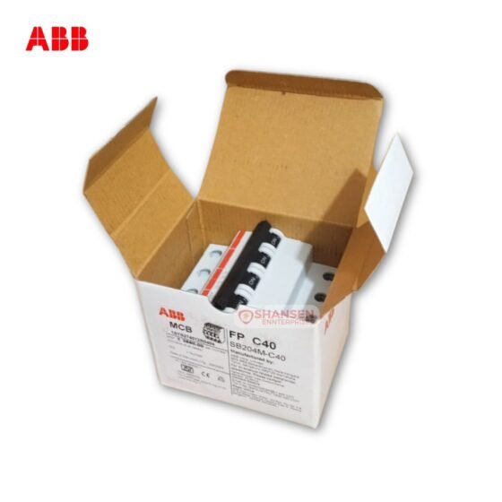 Open ABB SB204M‑C40 4‑pole C‑curve 40 A miniature circuit breaker inside its original packaging box, with Shansen Enterprises watermark visible