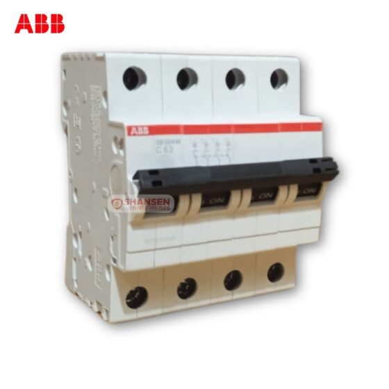 Front view of ABB SB204M‑C63 4P C‑curve miniature circuit breaker on white background with Shansen Enterprises watermark