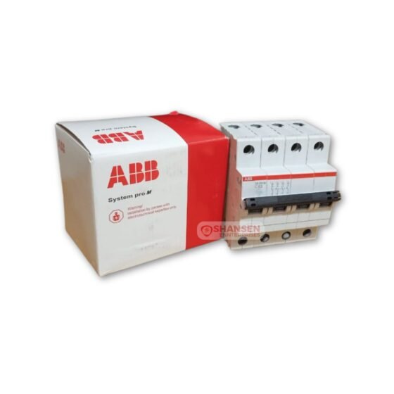 Side view of ABB SB204M‑C63 4‑pole C‑curve miniature circuit breaker next to its System pro M branded packaging box