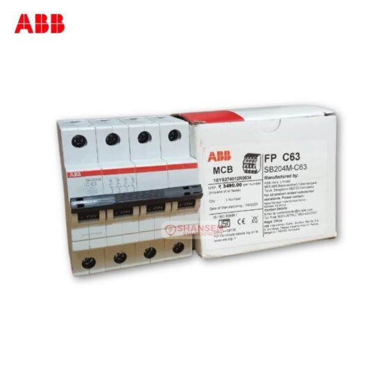 ABB SB204M‑C63 4‑pole C‑curve miniature circuit breaker alongside its original ABB FP C63 packaging box-Shansen Enterprises