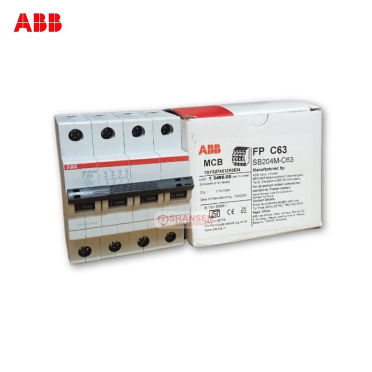 ABB SB204M‑C63 4‑pole C‑curve miniature circuit breaker alongside its original ABB FP C63 packaging box-Shansen Enterprises