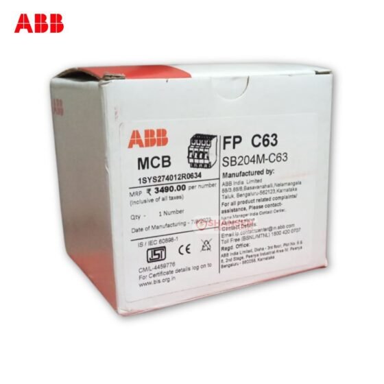 Front label of ABB SB204M‑C63 miniature circuit breaker packaging box showing product details and certifications