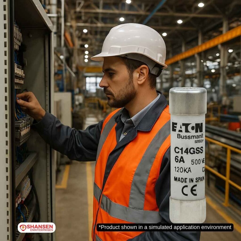 Engineer installing Eaton Bussmann C14G6S 6A 500V fuse in factory panel – Shansen Enterprises Authorized Channel Partner