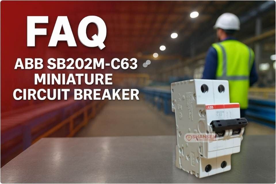 FAQ header image featuring ABB SB202M-C63 miniature circuit breaker on a steel table with engineer in factory background