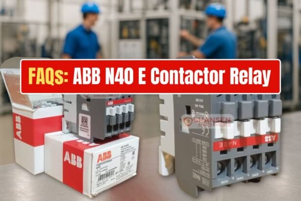 High-resolution image of ABB N40E 230-240V 50 Hz / 240-260V 60 Hz contactor relays on Shansen Enterprises boxes with blurred factory technicians in the background