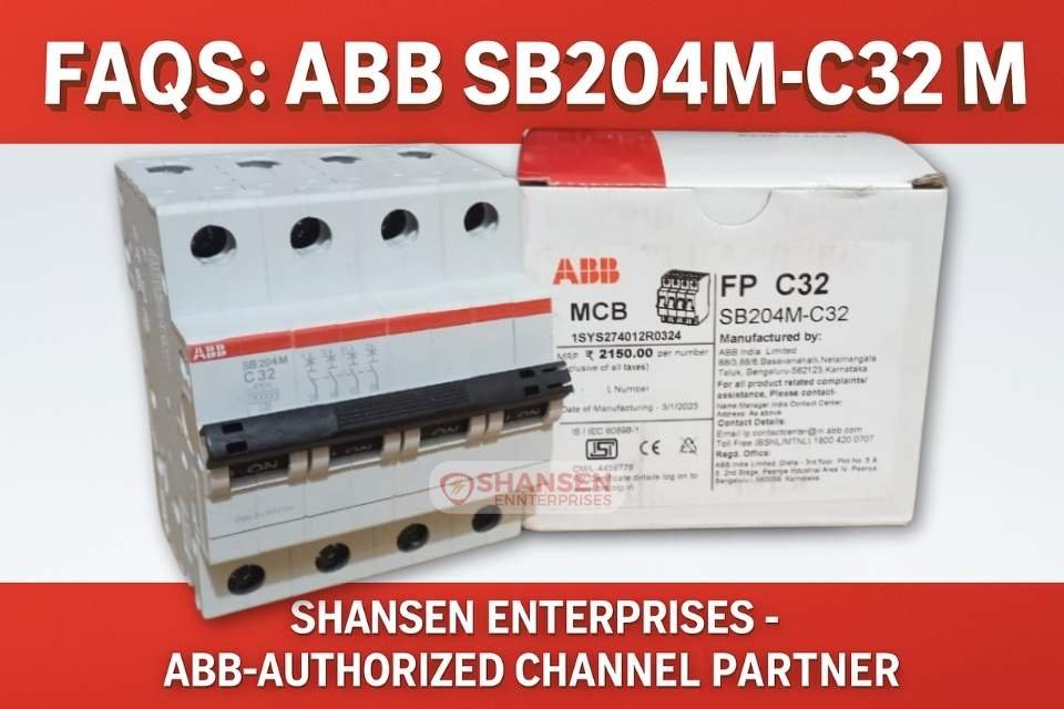 FAQs banner for ABB SB204M-C32 MCB with product image and Shansen Enterprises branding