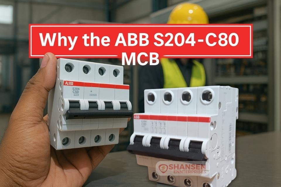 Why the ABB S204-C80 MCB – Featured image showing breaker in hand with industrial panel background by Shansen Enterprises