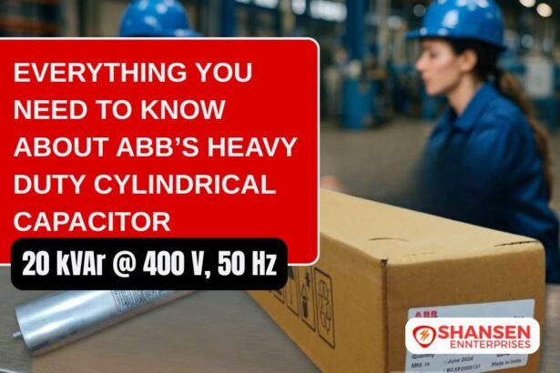ABB 20 kVAr 400V cylindrical capacitor blog header with factory background and technicians
