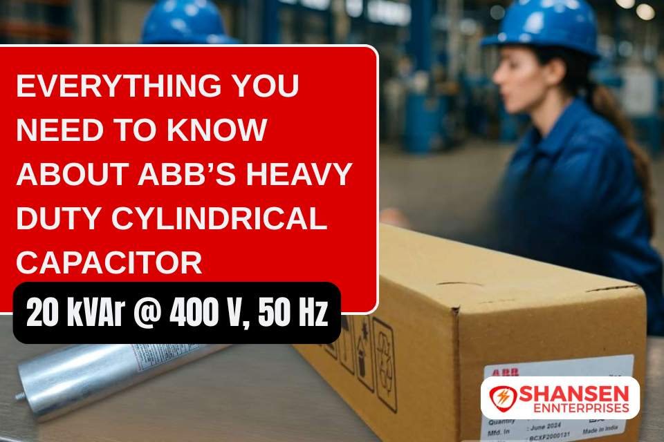 ABB 20 kVAr 400V cylindrical capacitor blog header with factory background and technicians
