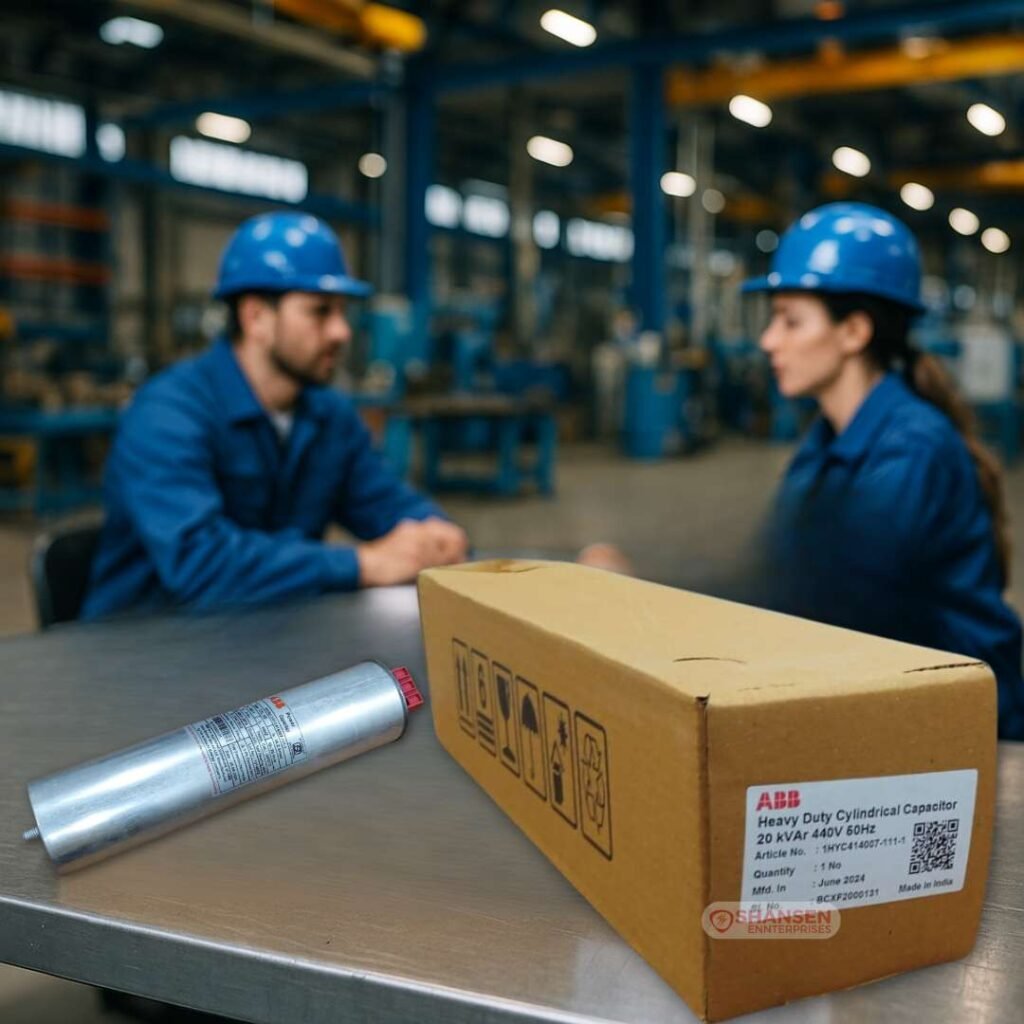 ABB 20 kVAr heavy-duty cylindrical capacitor with box on steel table, two technicians in factory background