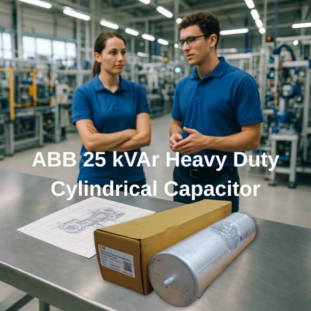 Two electrical engineers in blue uniform inspecting panel with ABB capacitors on steel bench in a well-lit factory – Shansen Enterprises