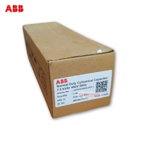 ABB Normal Duty Cylindrical Capacitor 7.5 kVAR 440V 50Hz, model 1HYC414005-007-1, in its packaging box, from Shansen Enterprises, authorized ABB channel partner in Coimbatore