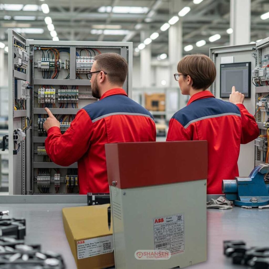 ABB Power Capacitors with Male and Female Electrical Engineers in Factory