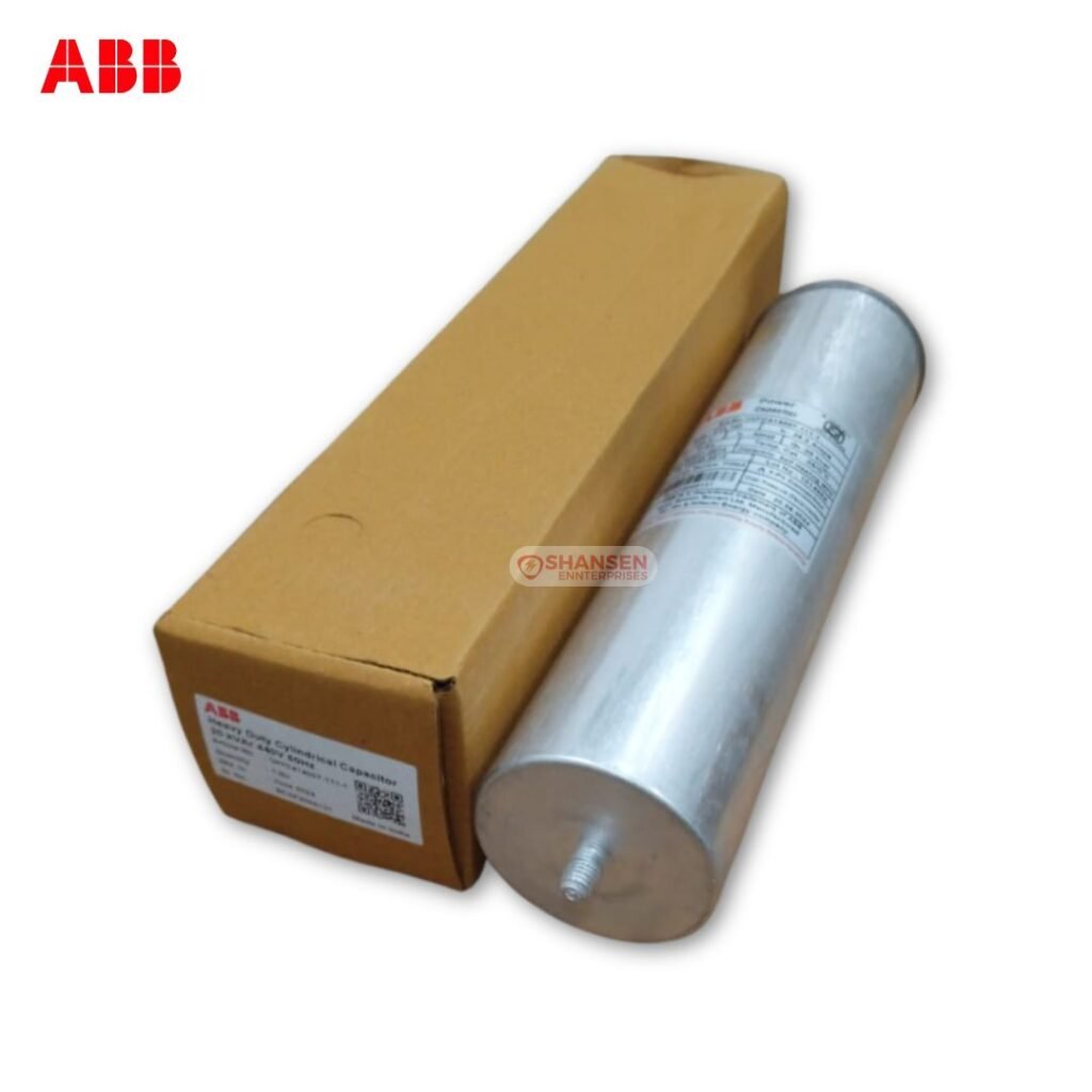 ABB 20 kVAr cylindrical capacitor with packaging box for industrial applications