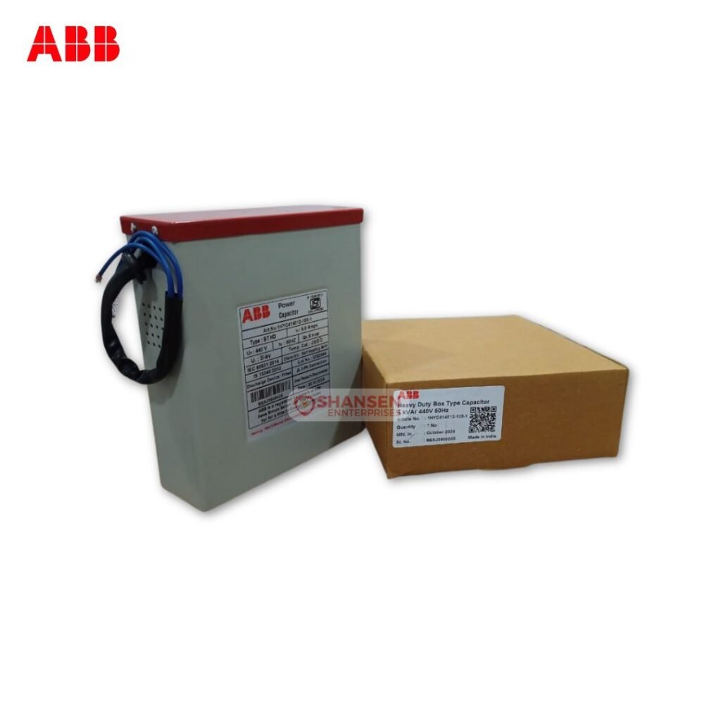ABB Heavy Duty Box Type Power Capacitor 5kVAR with packaging box from Shansen Enterprises, an authorized ABB channel partner
