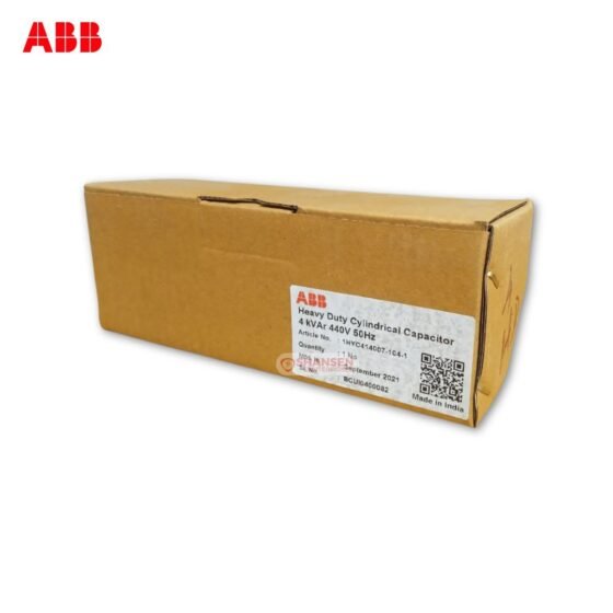 Sealed brown box of an ABB heavy-duty cylindrical power capacitor, 4kVAr, 440V, 50Hz, Article No. 1HYC414007-104-1, manufactured September 2021, supplied by Shansen Enterprises, authorized ABB channel partner in Coimbatore