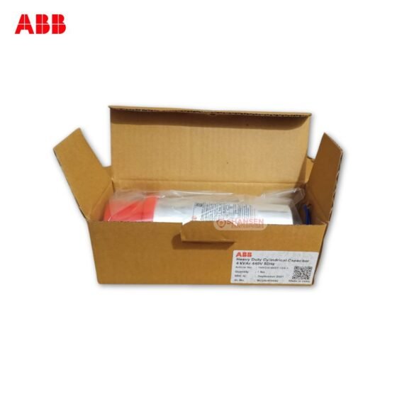 ABB heavy-duty cylindrical power capacitor, 4kVAr, 440V, 50Hz, 1HYC414007-102-1, inside its open original packaging, supplied by Shansen Enterprises, an authorized ABB channel partner in Coimbatore
