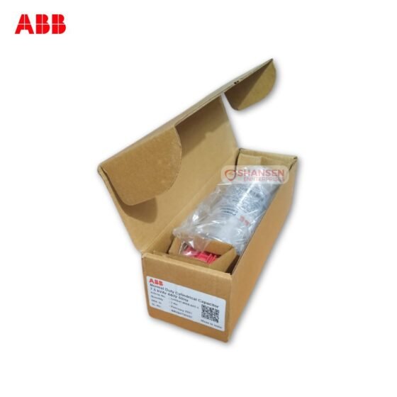 Opened box of ABB Normal Duty Cylindrical Capacitor 7.5 kVAR 440V, showing capacitor in packaging, from Shansen Enterprises, authorized ABB channel partner