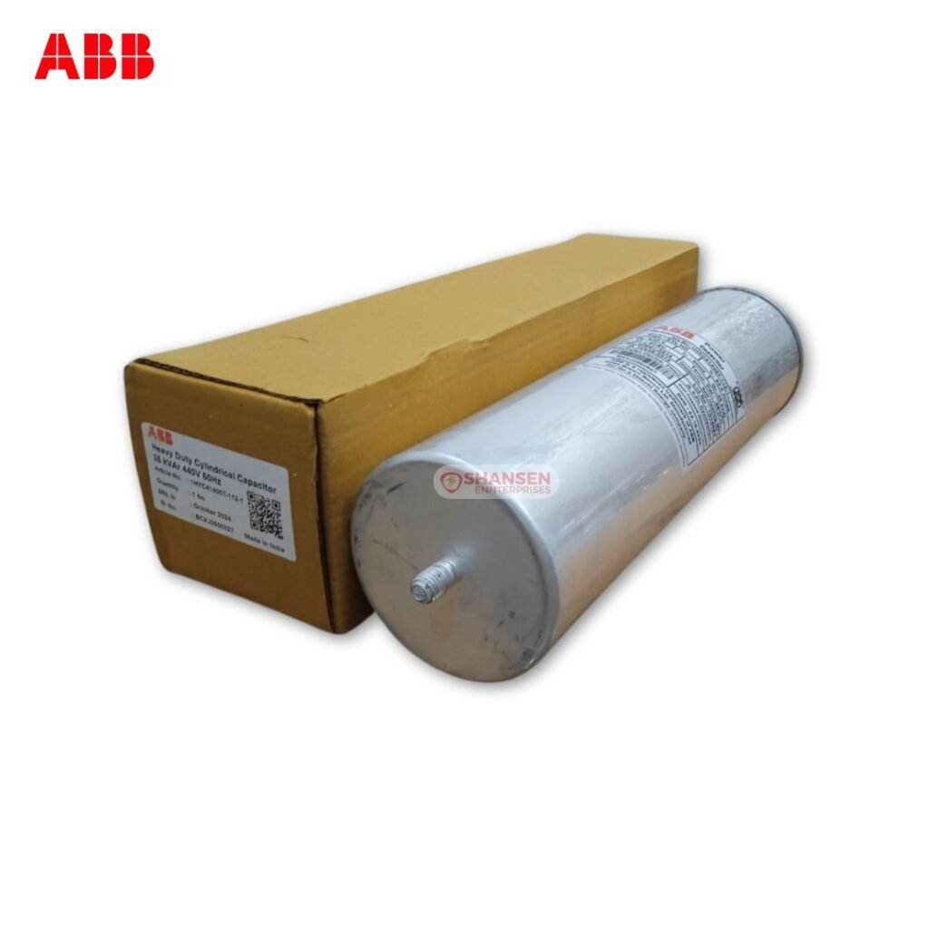 ABB 25 kVAr Heavy Duty Cylindrical Capacitor in original packaging from Shansen Enterprises, authorized ABB channel partner in Coimbatore