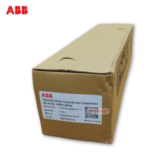 Labelled ABB 20 kVAr 440V 50Hz Capacitor box with product details and QR code