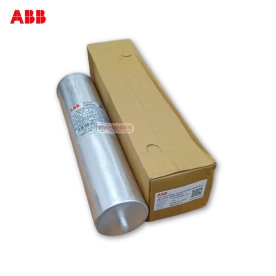 ABB 20 kVAr 440V Cylindrical Capacitor placed next to original packaging box from Shansen Enterprises