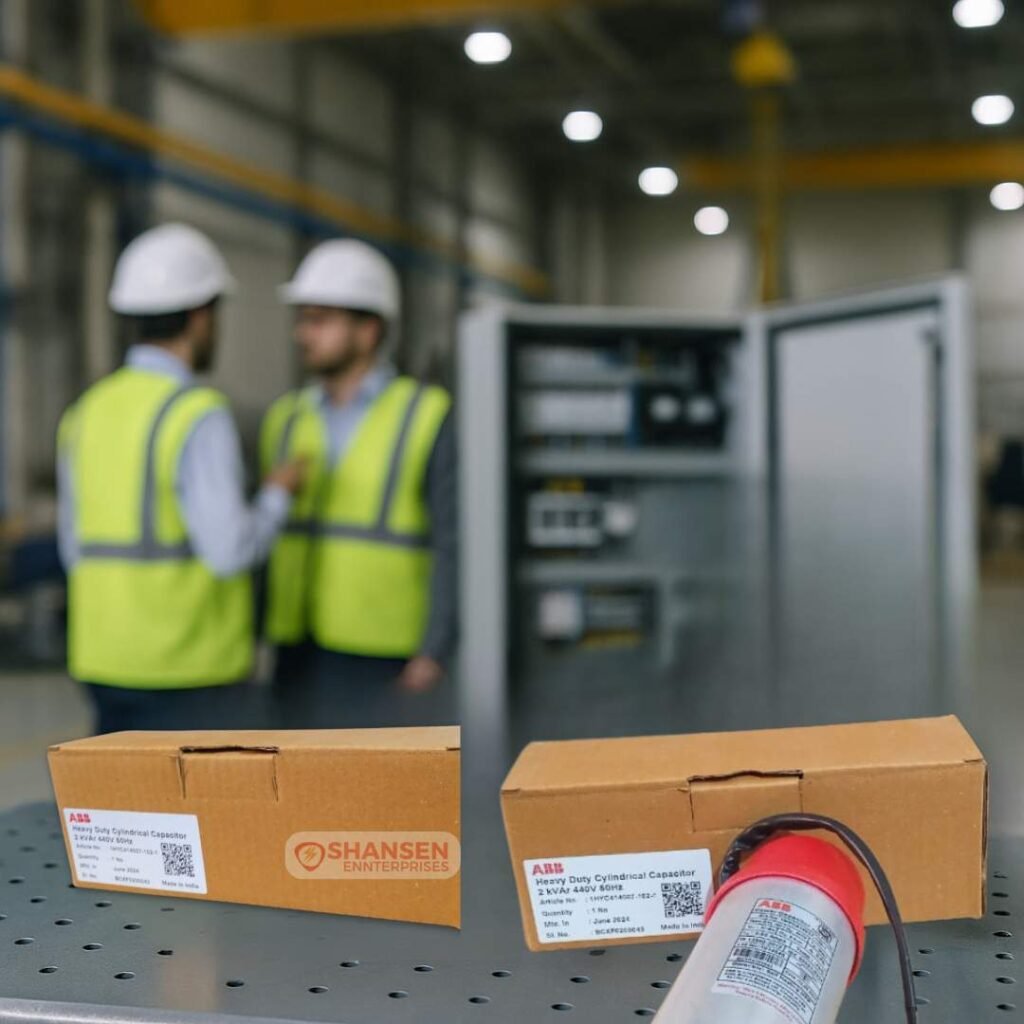 ABB 2kVAr 440V 60Hz Heavy Duty Capacitors on workbench with engineers in factory background