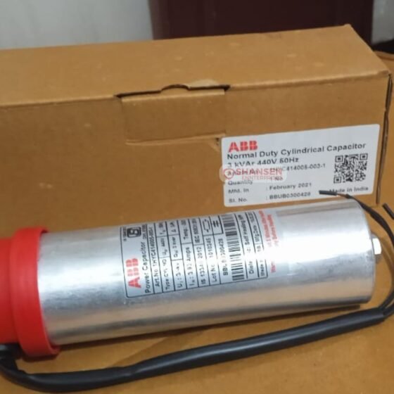 ABB Normal Duty Cylindrical Capacitor 3 kVAr 440V 50Hz with product label and box, supplied by Shansen Enterprises