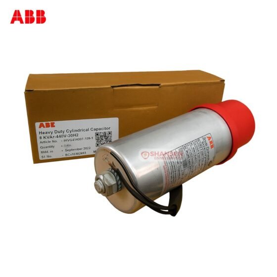 ABB 8kVAr 440V Heavy Duty Cylindrical Capacitor with red cap and product box labeled with article number